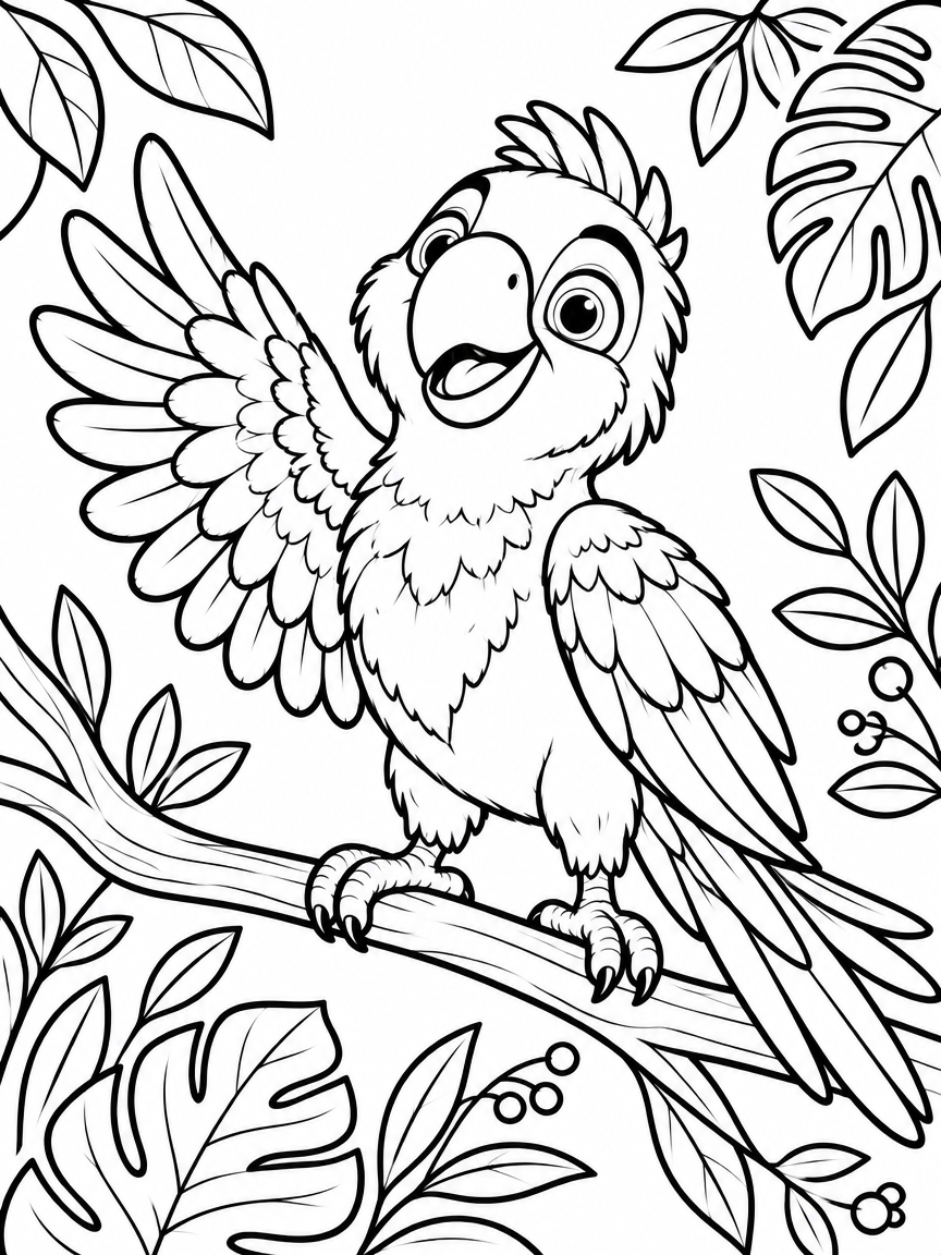A cheerful parrot on a branch surrounded by jungle leaves