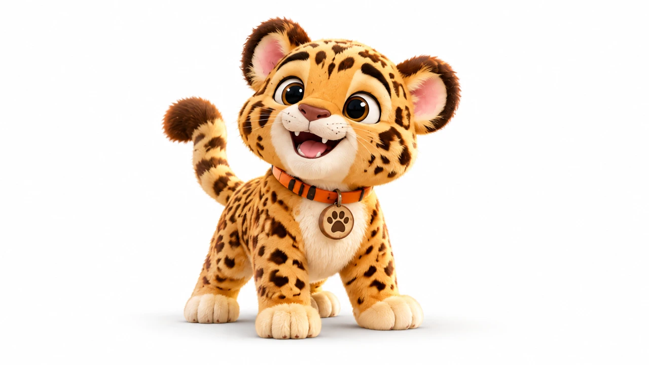 Toby, a smiling little leopard wearing an orange collar
