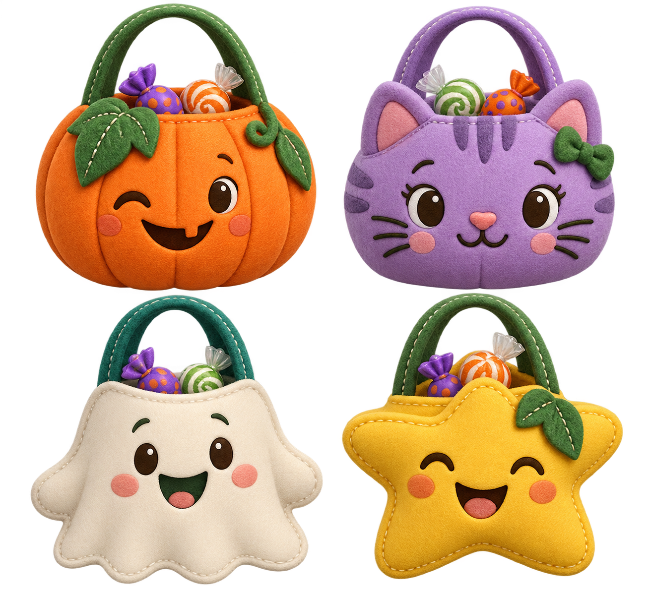 Four friendly felt treat bags: pumpkin, cat, ghost and star
