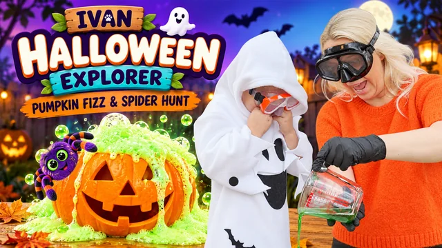 Ivan in a ghost costume and an adult in goggles beside a bubbling pumpkin, with Halloween Explorer lettering